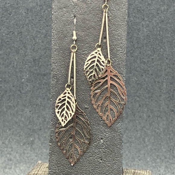 Dangle Pierced Earrings Double Filigree Leaf Silver Cut Away Large Small Boho - Picture 2 of 5